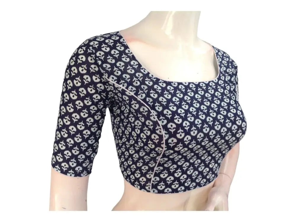 Versatile Navy Blue Cotton Blouse | Modern High Neck Design | Ready made Blouse - D3blouses