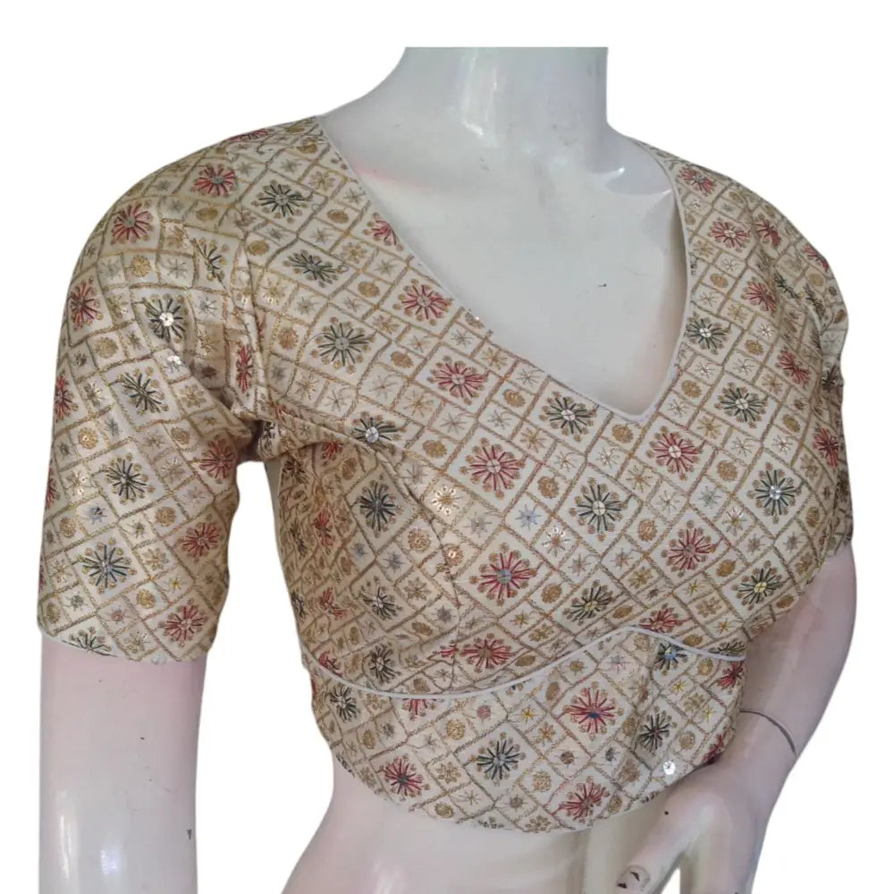 Versatile Off-White Semi-Silk Blouse: Multi-Thread Work, Ready to Wear - D3blouses