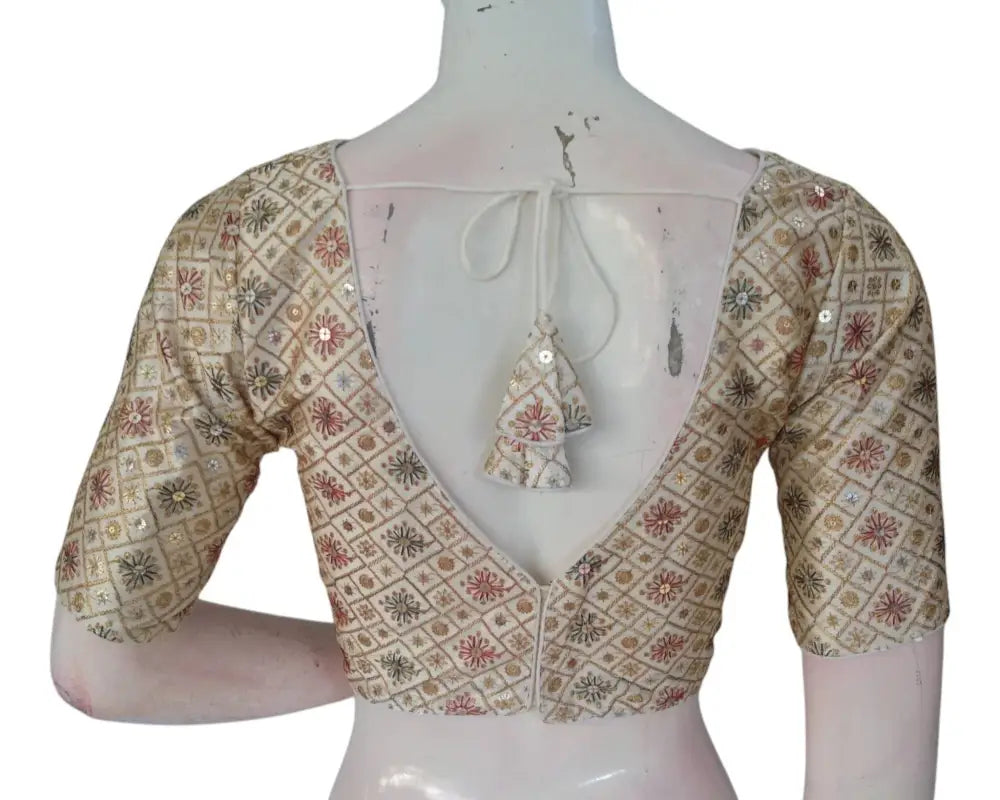 Versatile Off-White Semi-Silk Blouse: Multi-Thread Work, Ready to Wear - D3blouses