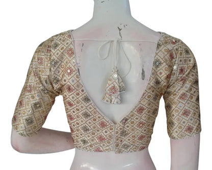 Versatile Off-White Semi-Silk Blouse: Multi-Thread Work, Ready to Wear - D3blouses