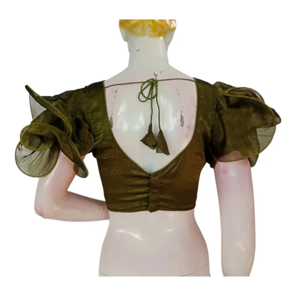 Versatile Olive Green Organza Ruffle Sleeve Saree Blouse | Casual & Formal Wear - D3blouses