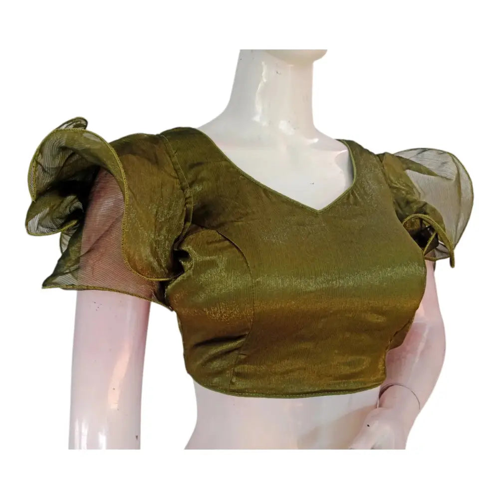 Versatile Olive Green Organza Ruffle Sleeve Saree Blouse | Casual & Formal Wear - D3blouses