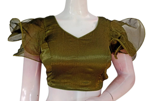 Versatile Olive Green Organza Ruffle Sleeve Saree Blouse | Casual & Formal Wear - D3blouses