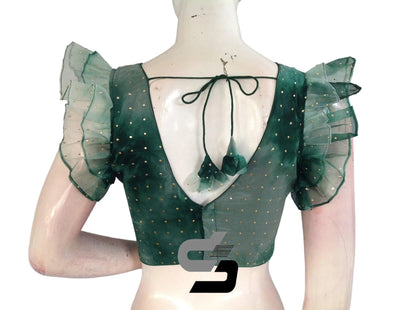 Vibrant Green, Tie Dye Designer V Neck Georgette Saree Blouse with Ruffle Sleeves - D3blouses