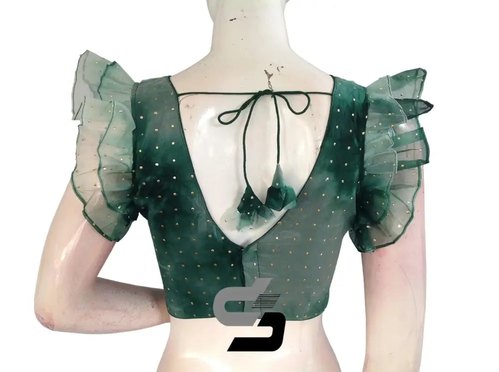 Vibrant Green, Tie Dye Designer V Neck Georgette Saree Blouse with Ruffle Sleeves - D3blouses
