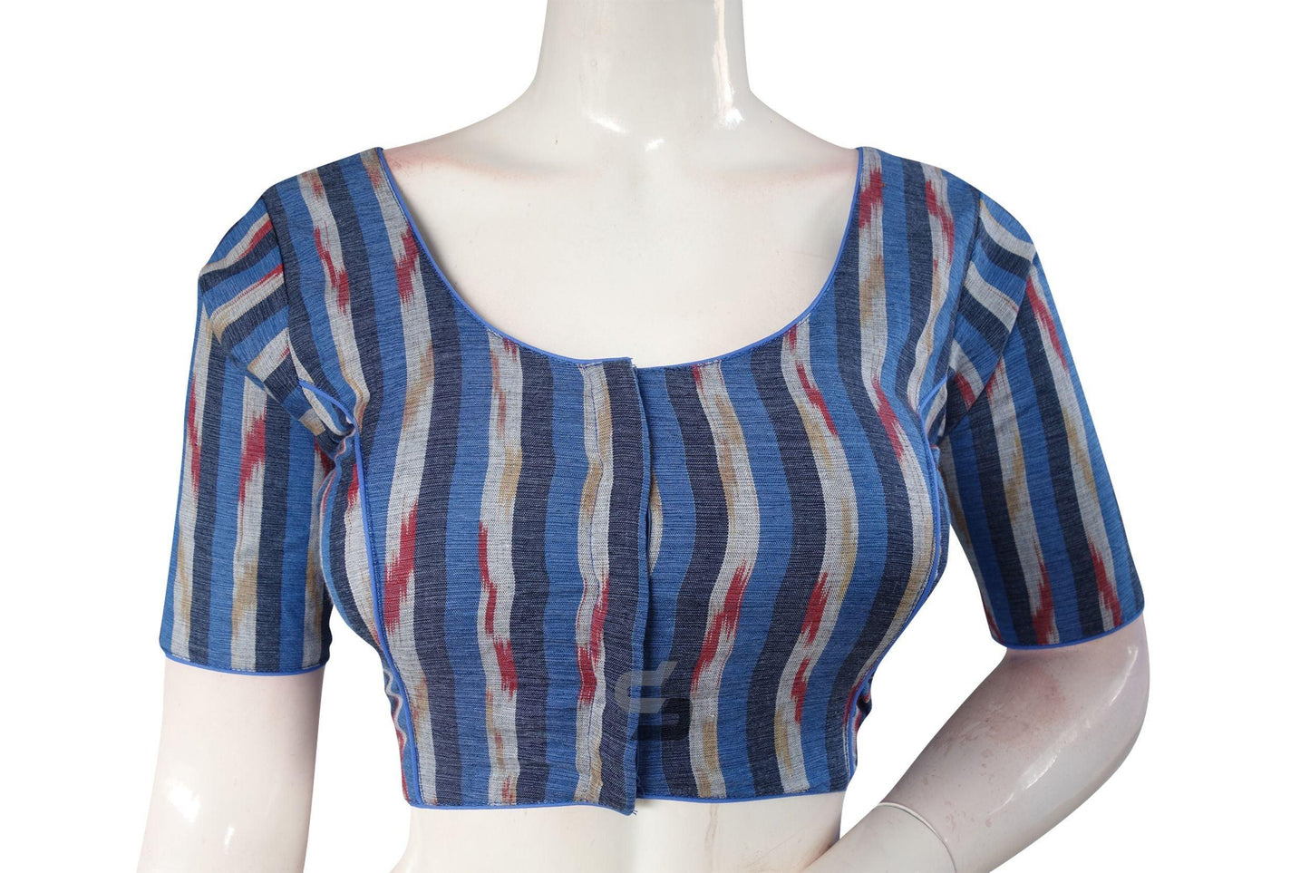 Vibrant Navy Blue Multi-Color Ikkat Cotton Readymade Saree Blouse - D3blouses