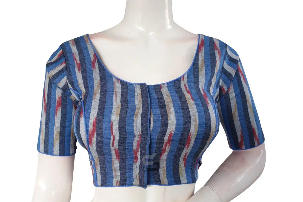 Vibrant Navy Blue Multi-Color Ikkat Cotton Readymade Saree Blouse - D3blouses