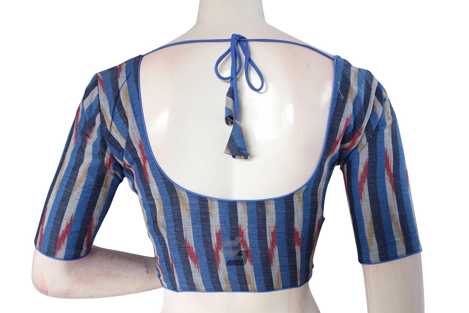 Vibrant Navy Blue Multi-Color Ikkat Cotton Readymade Saree Blouse - D3blouses