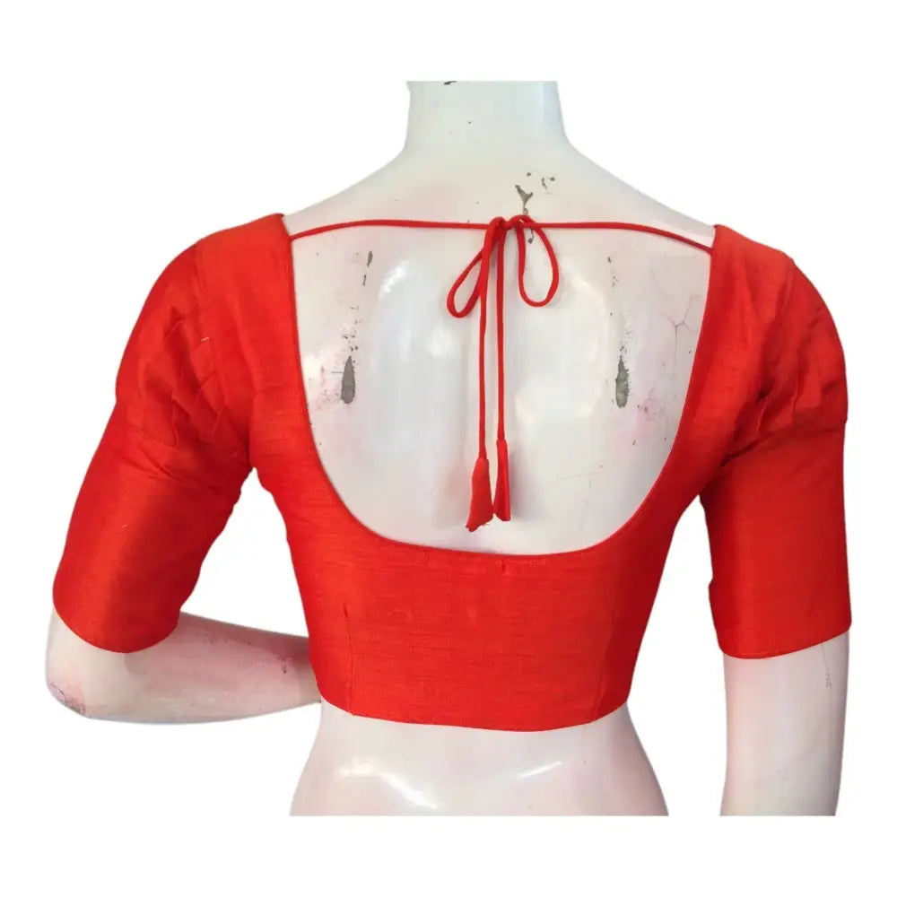 Vibrant Orange Color Plain Puff Sleeve Ready made Saree Blouse - D3blouses