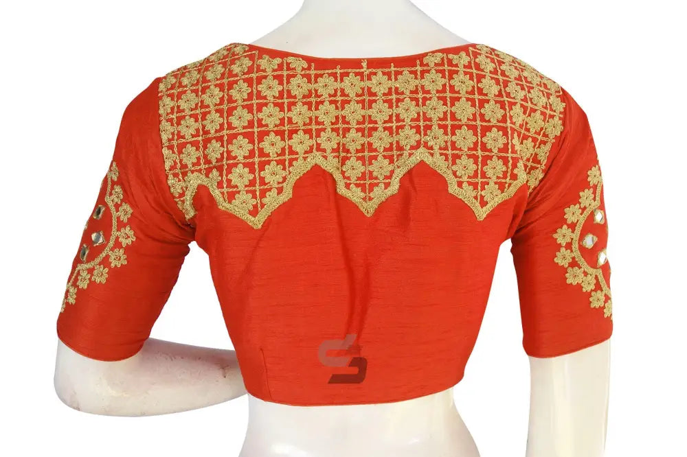 Vibrant Orange Embroidered High Neck Saree Blouse - Designer Charm - D3blouses