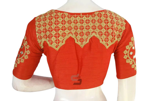 Vibrant Orange Embroidered High Neck Saree Blouse - Designer Charm - D3blouses