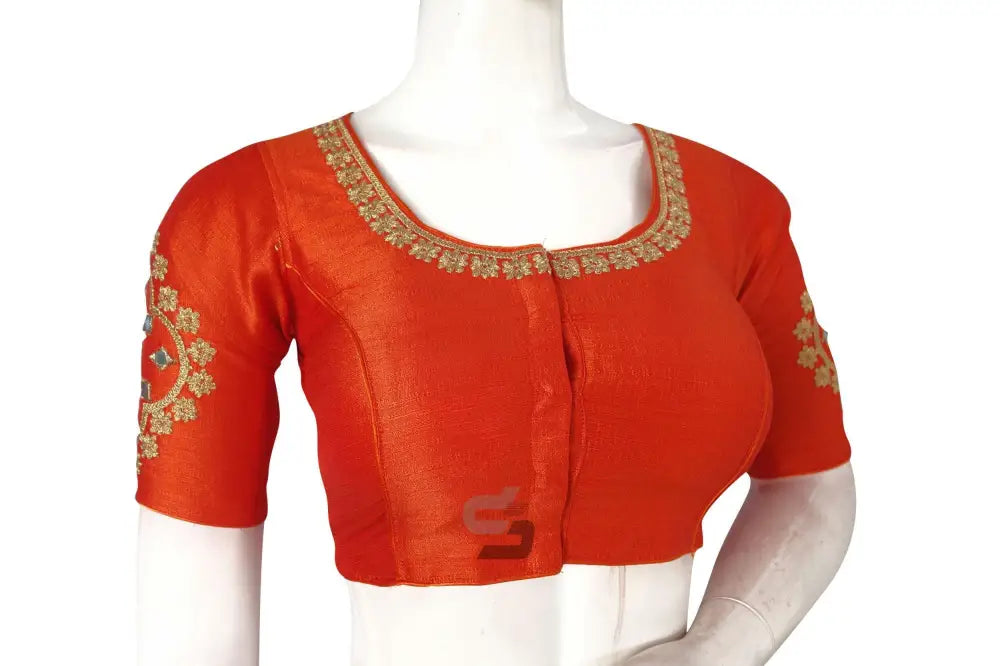 Vibrant Orange Embroidered High Neck Saree Blouse - Designer Charm - D3blouses