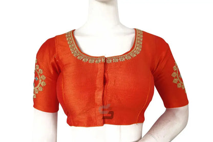 Vibrant Orange Embroidered High Neck Saree Blouse - Designer Charm - D3blouses