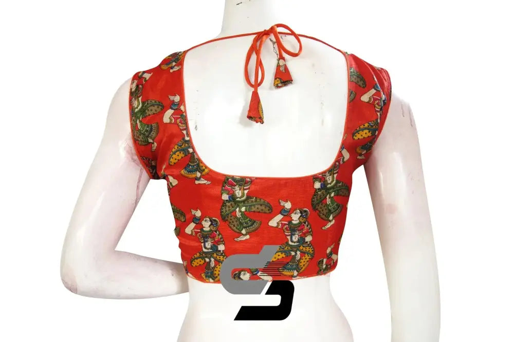 Vibrant Orange Kalamkari Sleeveless Cotton Saree Blouse, Ready-to-Wear - D3blouses