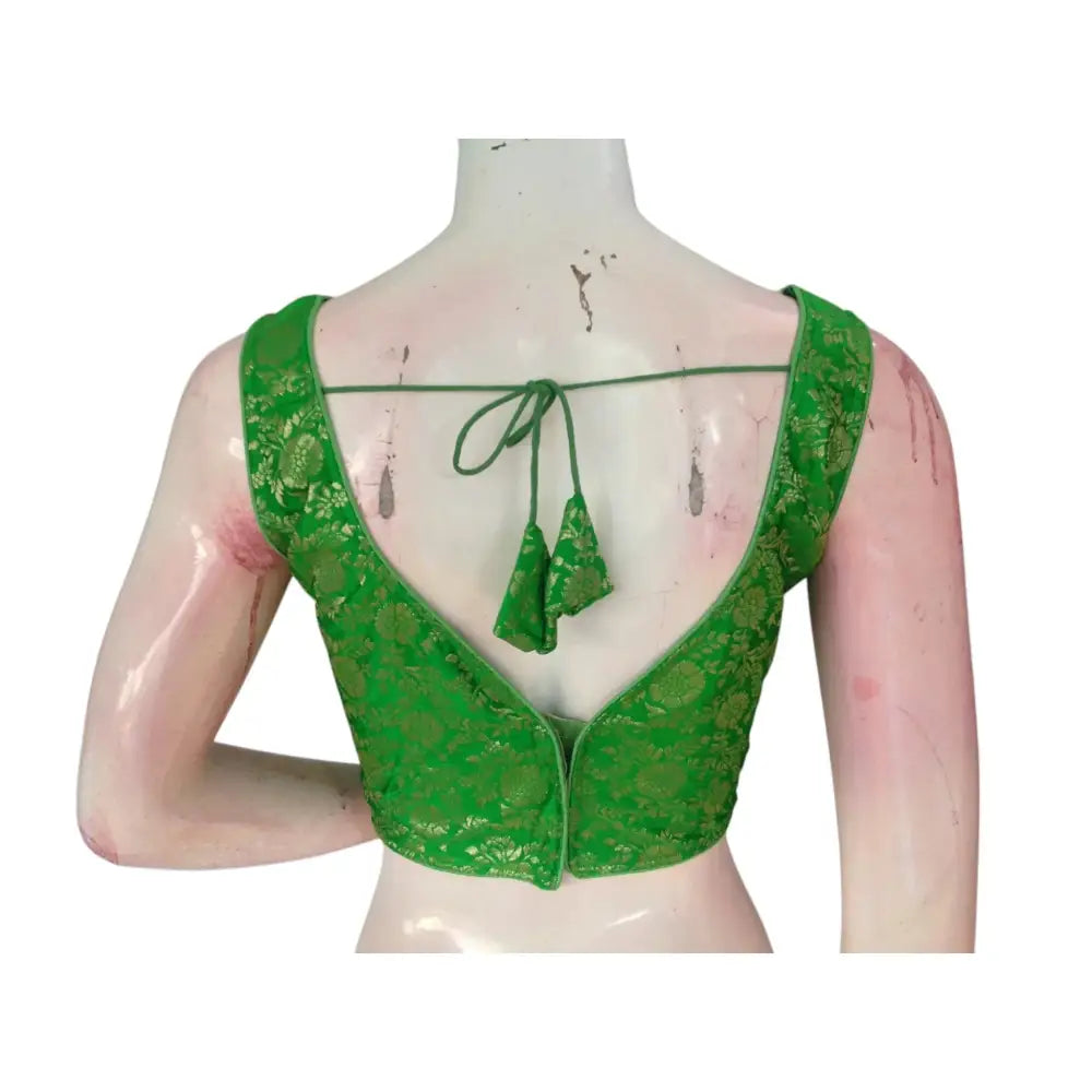 Vibrant Parrot Green Banarasi Silk Readymade Saree Blouse: A Burst of Color - D3blouses