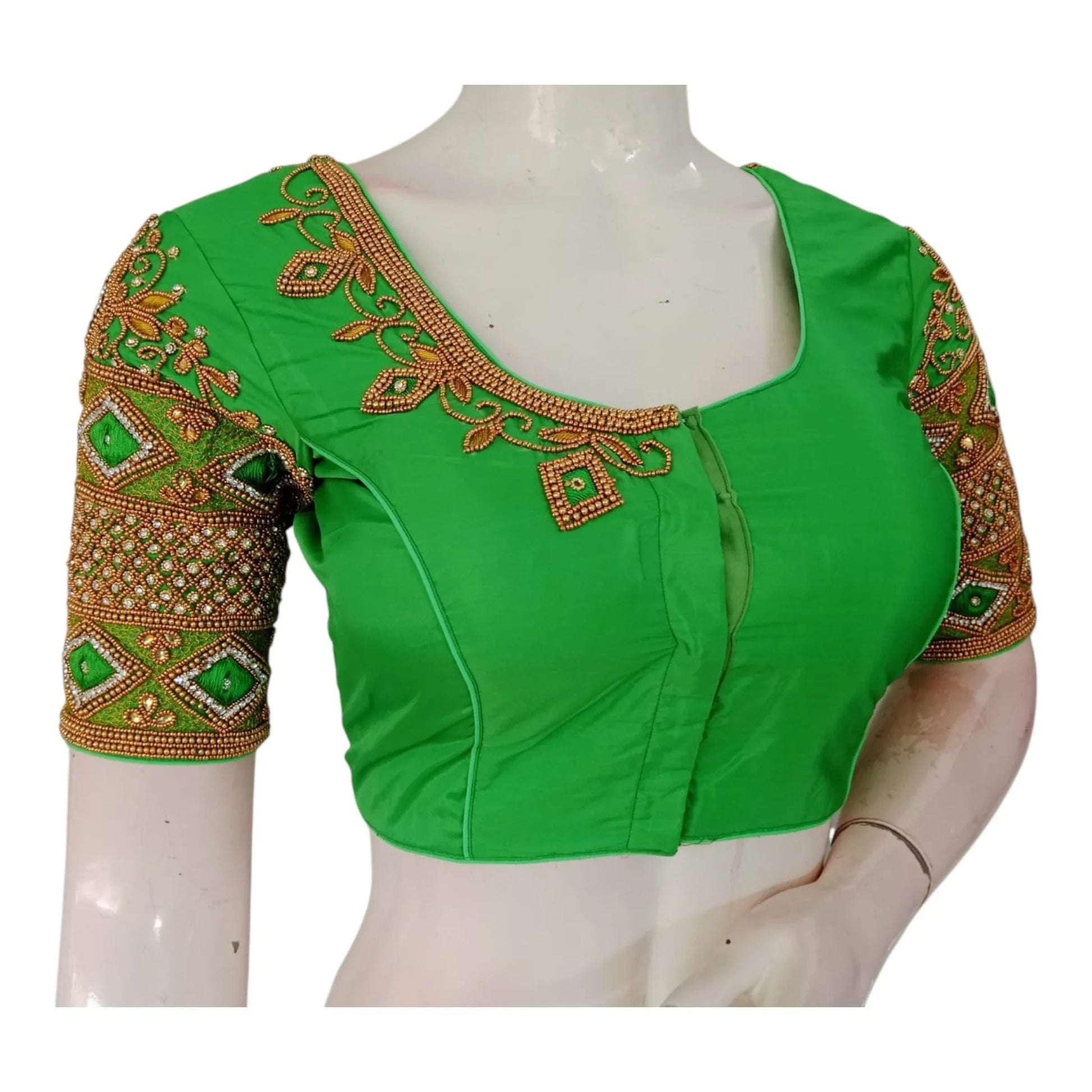 Vibrant Parrot Green Color Wedding Silk Saree Blouse - Handcrafted Elegance - D3blouses