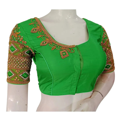 Vibrant Parrot Green Color Wedding Silk Saree Blouse - Handcrafted Elegance - D3blouses