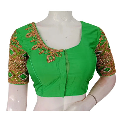 Vibrant Parrot Green Color Wedding Silk Saree Blouse - Handcrafted Elegance - D3blouses