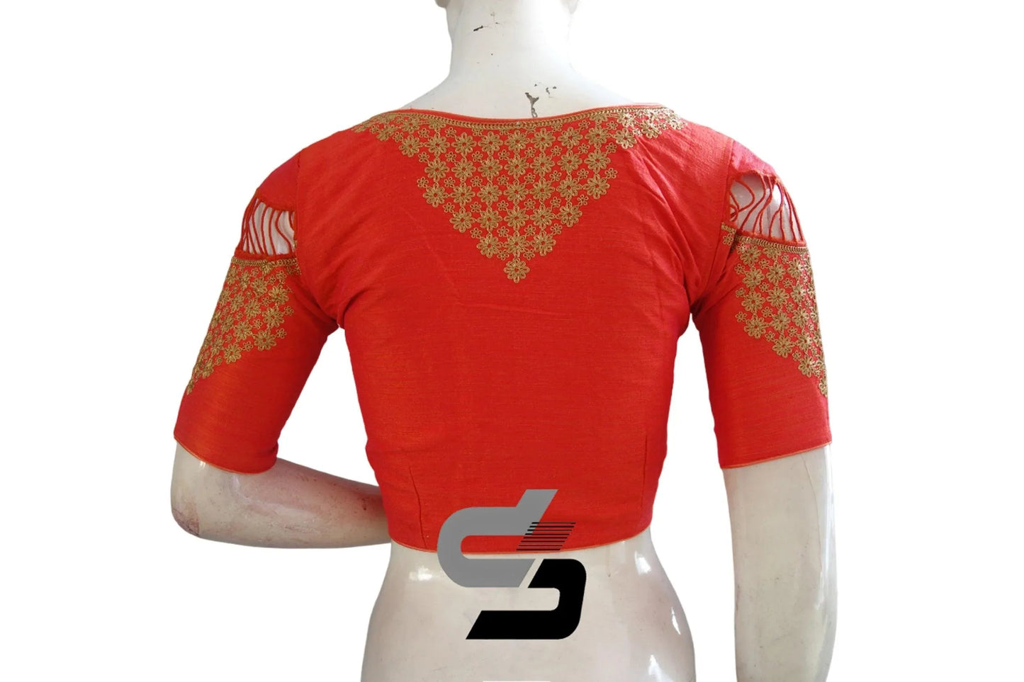 Vibrant Peach Pink High Neck Semi Silk Embroidered Blouse - D3blouses