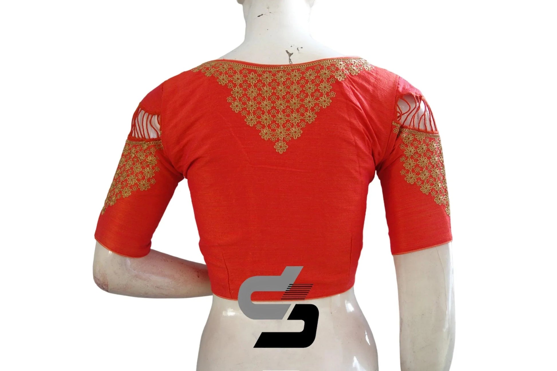 Vibrant Peach Pink High Neck Semi Silk Embroidered Blouse - D3blouses