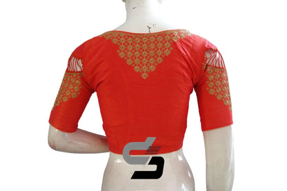 Vibrant Peach Pink High Neck Semi Silk Embroidered Blouse - D3blouses