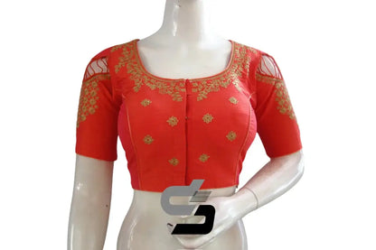 Vibrant Peach Pink High Neck Semi Silk Embroidered Blouse - D3blouses