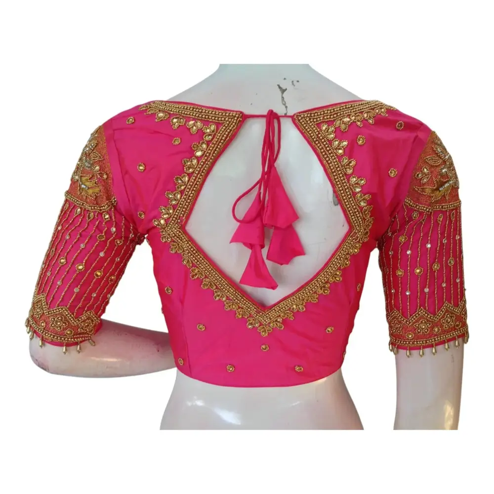 Vibrant Pink Aari Work Designer Neck Wedding Silk Saree Blouse - D3blouses