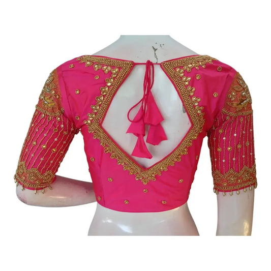 Vibrant Pink Aari Work Designer Neck Wedding Silk Saree Blouse - D3blouses