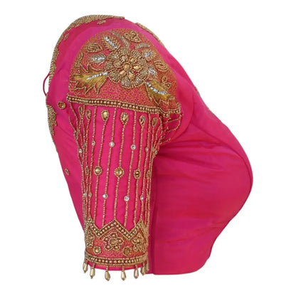 Vibrant Pink Aari Work Designer Neck Wedding Silk Saree Blouse - D3blouses