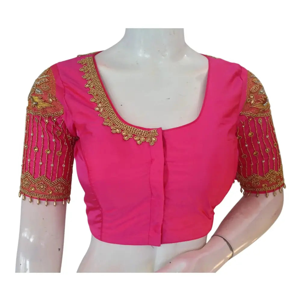 Vibrant Pink Aari Work Designer Neck Wedding Silk Saree Blouse - D3blouses