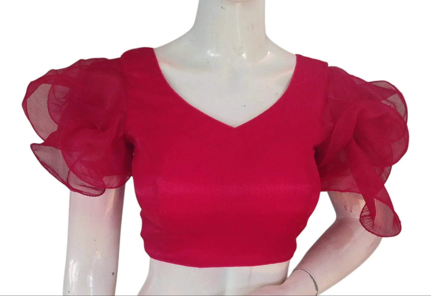 Vibrant Raspberry Organza Ruffle Blouse | Modern Saree Top | Festive Choli - D3blouses