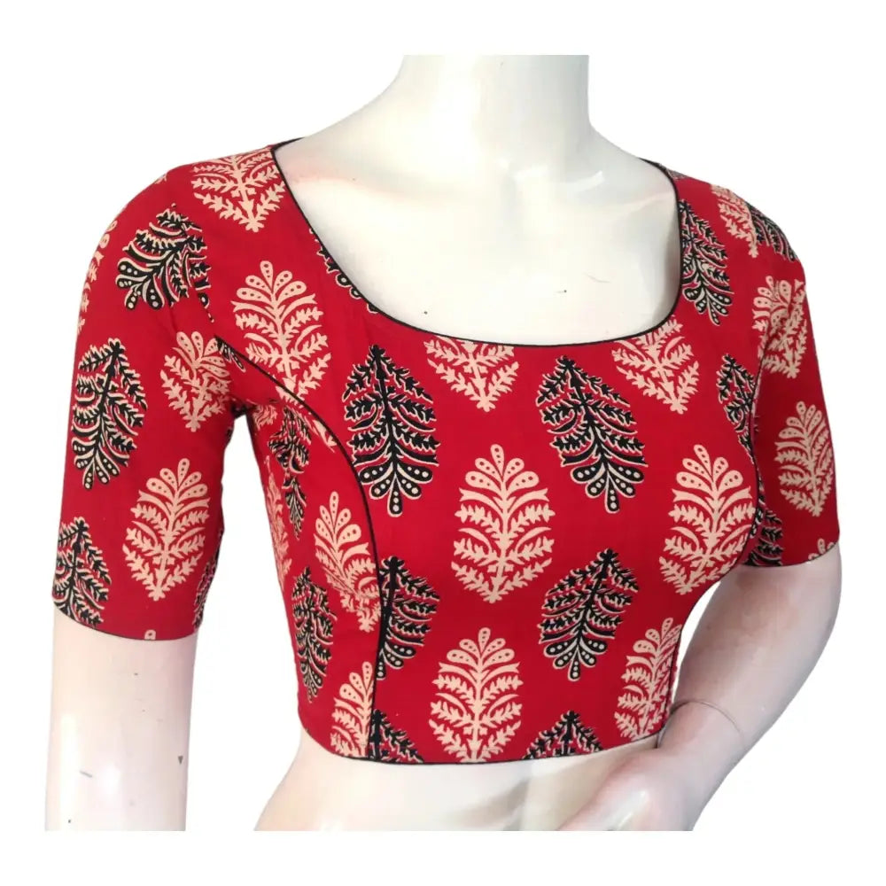 Vibrant Red High Neck Saree Blouse | Ready made | Exquisite Indian Craftsmanship - D3blouses