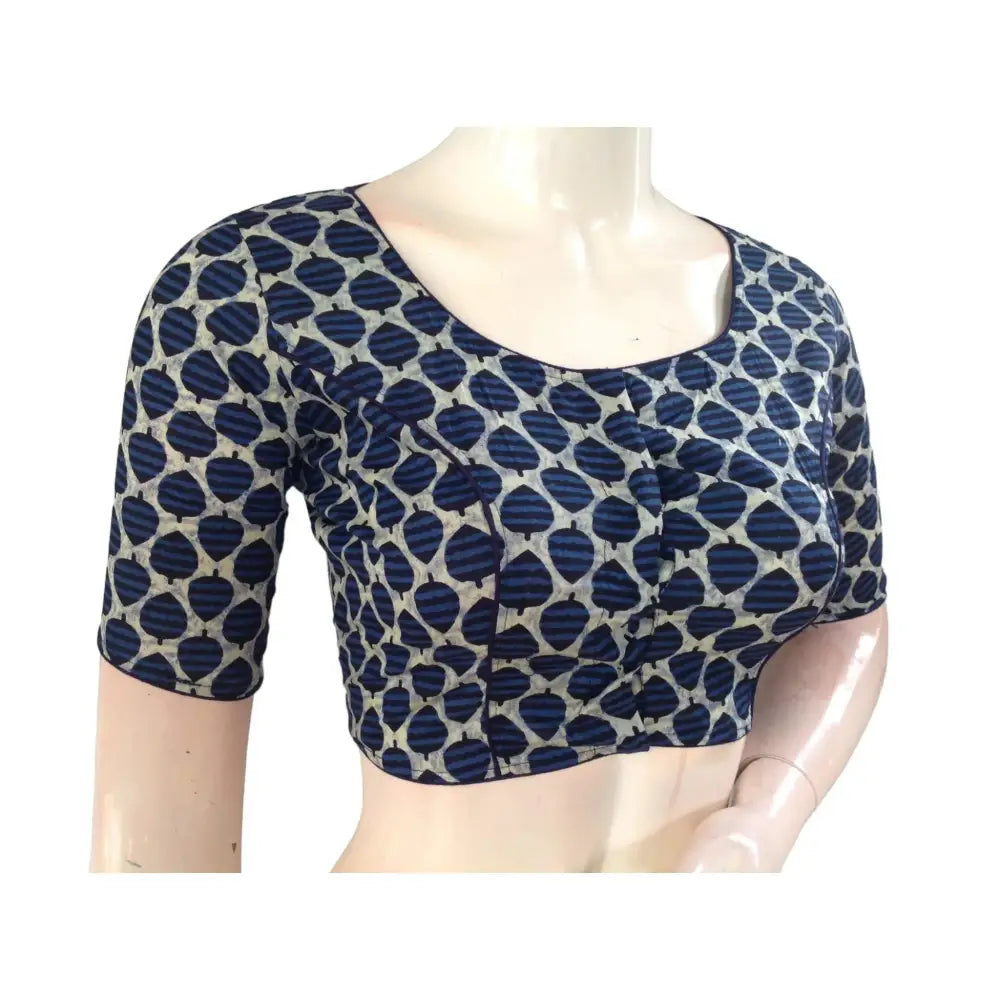Vibrant Tradition: Indigo Blue Cotton High Neck Blouse for Sarees - D3blouses