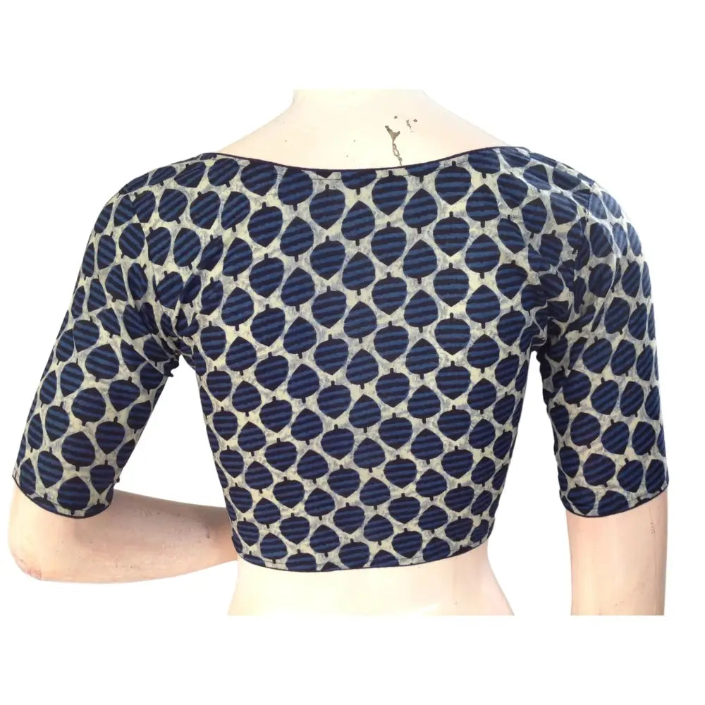 Vibrant Tradition: Indigo Blue Cotton High Neck Blouse for Sarees - D3blouses