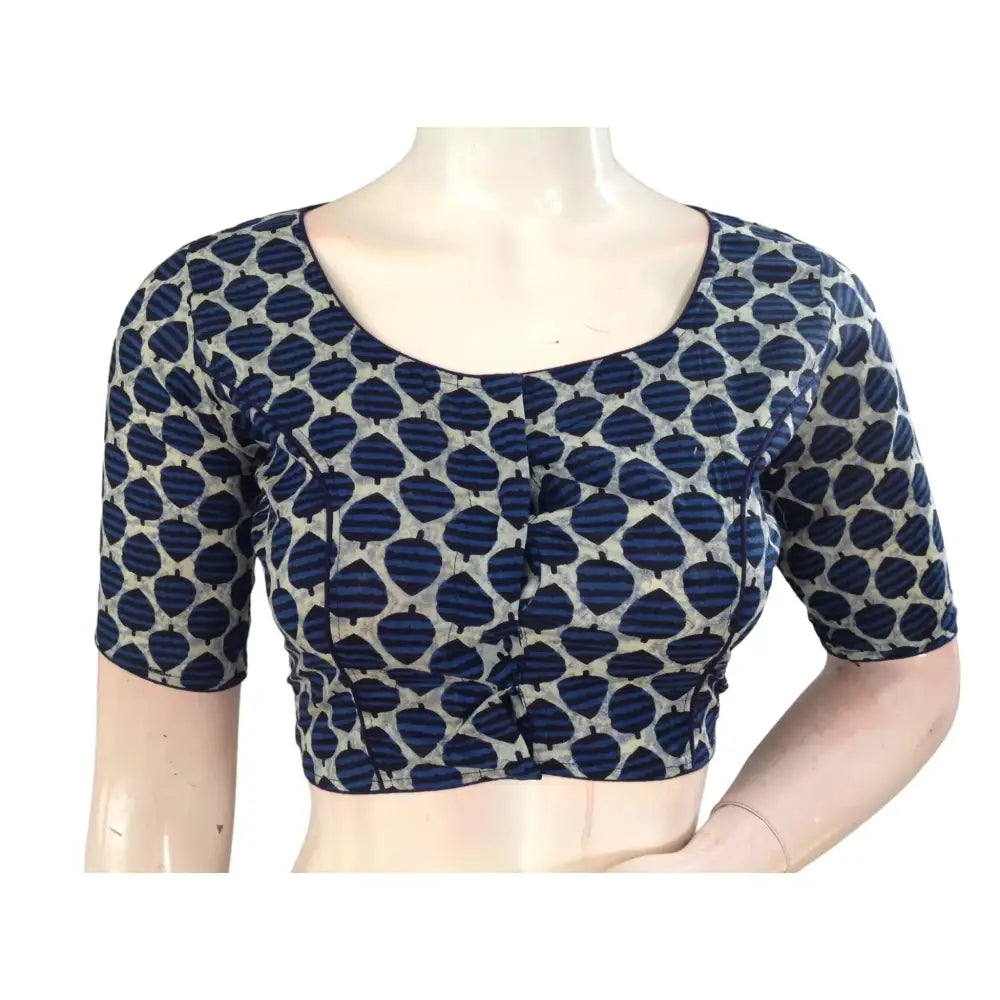 Vibrant Tradition: Indigo Blue Cotton High Neck Blouse for Sarees - D3blouses