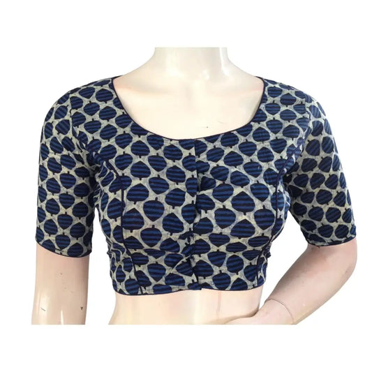 Vibrant Tradition: Indigo Blue Cotton High Neck Blouse for Sarees - D3blouses