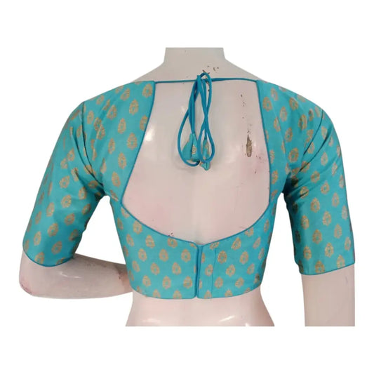 Vibrant Turquoise Blue Brocade Silk Designer Neck Readymade Saree Blouse - D3blouses