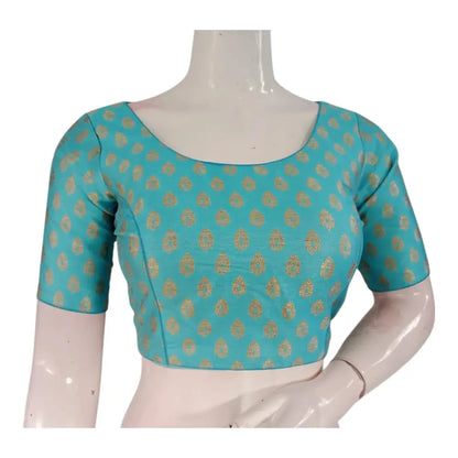 Vibrant Turquoise Blue Brocade Silk Designer Neck Readymade Saree Blouse - D3blouses