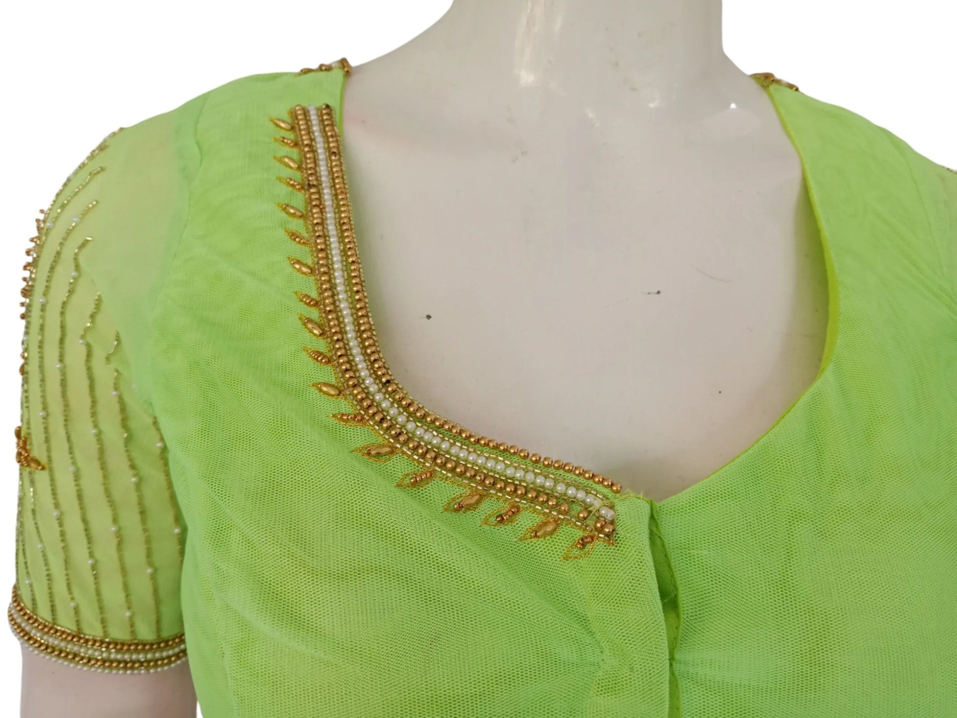 Vibrant Verdant: Parrot Green Netted Aari Handwork Wedding Saree Blouse - D3blouses