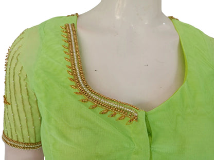 Vibrant Verdant: Parrot Green Netted Aari Handwork Wedding Saree Blouse - D3blouses