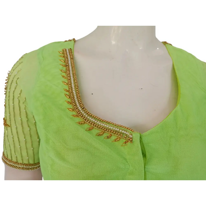 Vibrant Verdant: Parrot Green Netted Aari Handwork Wedding Saree Blouse - D3blouses
