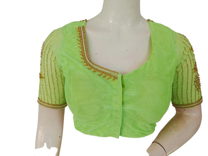 Vibrant Verdant: Parrot Green Netted Aari Handwork Wedding Saree Blouse - D3blouses