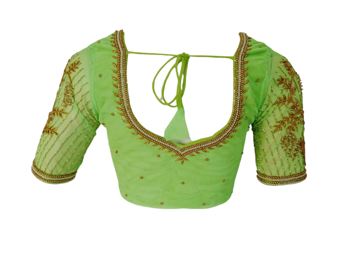 Vibrant Verdant: Parrot Green Netted Aari Handwork Wedding Saree Blouse - D3blouses