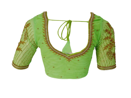Vibrant Verdant: Parrot Green Netted Aari Handwork Wedding Saree Blouse - D3blouses