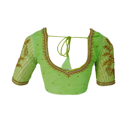 Vibrant Verdant: Parrot Green Netted Aari Handwork Wedding Saree Blouse - D3blouses