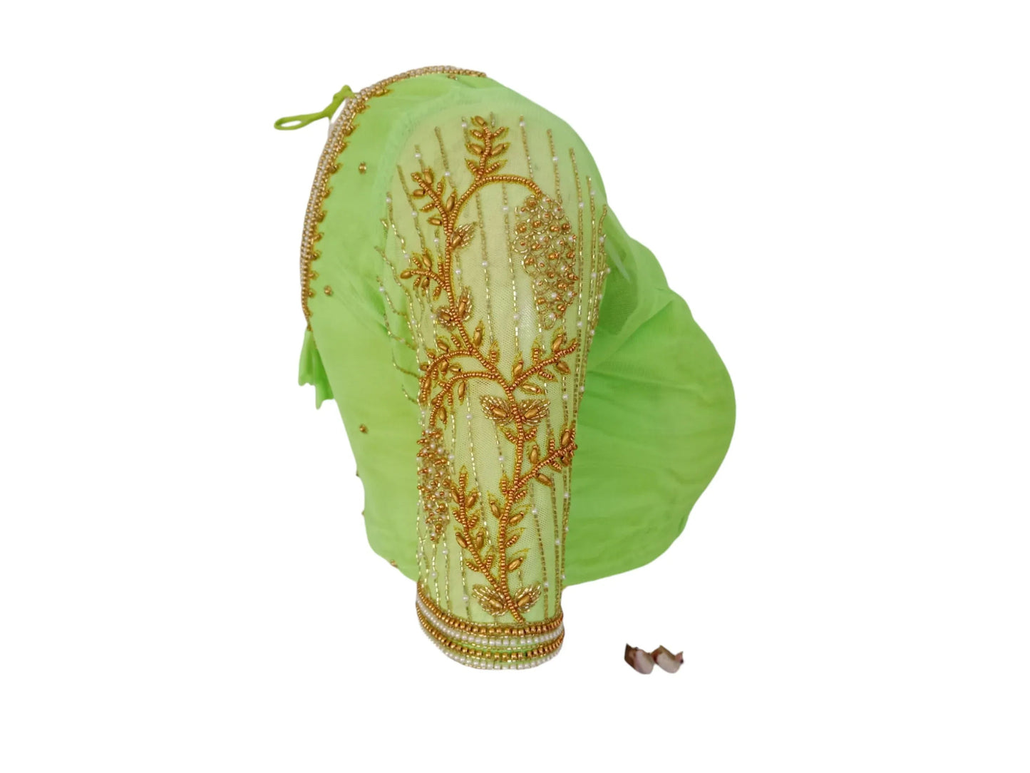 Vibrant Verdant: Parrot Green Netted Aari Handwork Wedding Saree Blouse - D3blouses