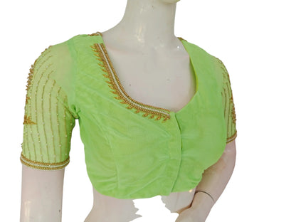 Vibrant Verdant: Parrot Green Netted Aari Handwork Wedding Saree Blouse - D3blouses