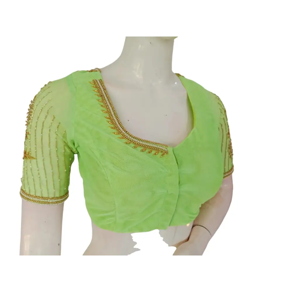 Vibrant Verdant: Parrot Green Netted Aari Handwork Wedding Saree Blouse - D3blouses