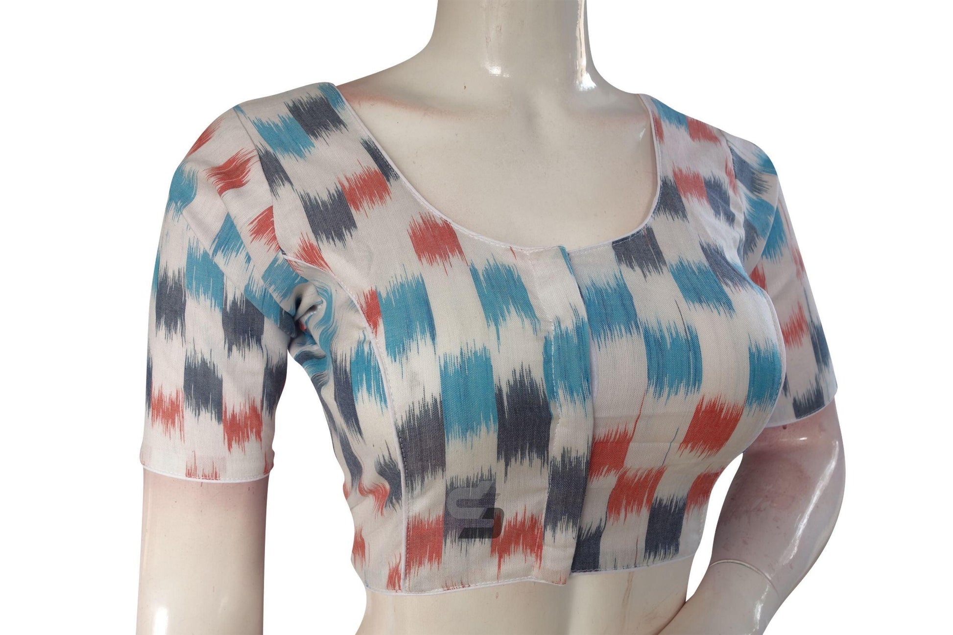 Vibrant White Multi-Color Ikkat Cotton Readymade Saree Blouse - D3blouses