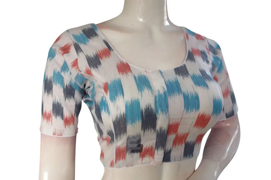 Vibrant White Multi-Color Ikkat Cotton Readymade Saree Blouse - D3blouses